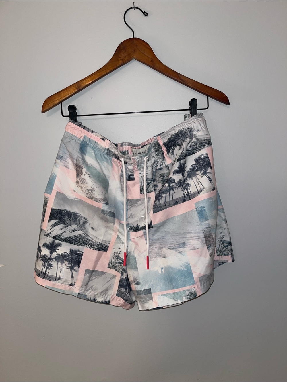 American Eagle Outfitters Men’s Pastel Pink & Light Blue Tropical Swim Trunks